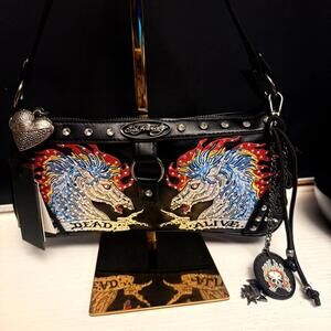 Ed Hardy Dead or Alive Unicorn Rhinestone Shoulder Bag Y2K NWT